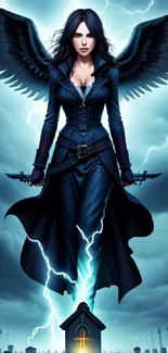 Dark angel with wings in a stormy graveyard scene.