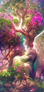 Ethereal angel entwined with colorful tree in a mystical artwork.