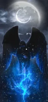 Mystical angel with blue lightning under crescent moon.