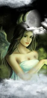 Mystical angel with wings in moonlit clouds.