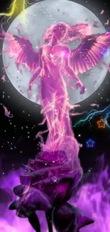 Mystical angel with wings under a full moon in purple hues.