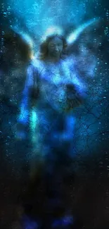 Mystical angel in blue hues with cosmic background.