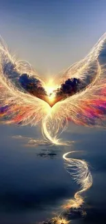 Ethereal angel wings art with colorful sky.