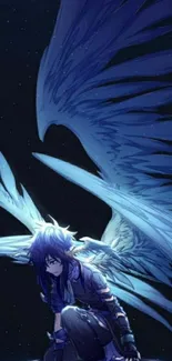 Blue winged anime warrior with a celestial background.