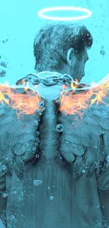 Mobile wallpaper of mystical angel wings with a blue and fiery design.