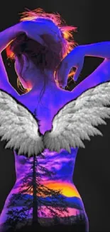 Silhouette with angel wings and vibrant colors on a mystical mobile wallpaper.