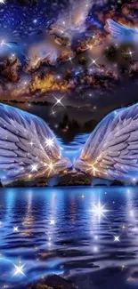 Mystical angel wings with stars over a serene blue lake.