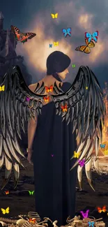 Mystical angel with dark wings and colorful butterflies in a fantasy landscape.