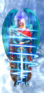 Mystical angel with blue glowing sword and vibrant wings.