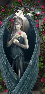 Mystical angel holding a rose with gothic wings and vibrant floral backdrop.