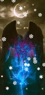 Mystical angel with snowflakes and blue glow.