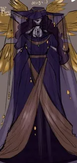 Illustration of a veiled figure with gold wings and a purple robe on a mobile wallpaper.