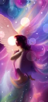 Mystical angel in vibrant colors on a celestial background.