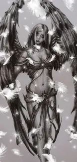 Grayscale angelic artwork with feathers