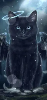 Angelic black cat with wings and halo under a glowing full moon.