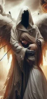 Hooded angel embracing a woman in a fantasy scene with fiery sky.