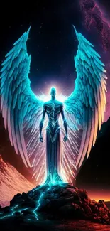 Glowing angelic figure with blue wings in a cosmic landscape.