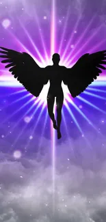 Silhouette of angel with purple celestial background.