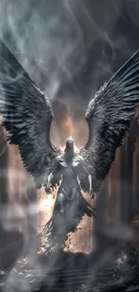 Ethereal angelic warrior with dark wings.