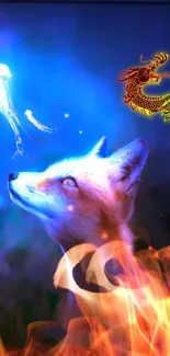 Fantasy wallpaper with a fox, jellyfish, and dragon in blue flames.