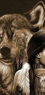 Artistic wolf and Native American theme mobile wallpaper with earthy brown tones.