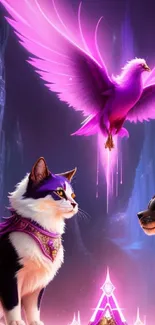 Fantasy wallpaper with mystical animals and a glowing purple bird.