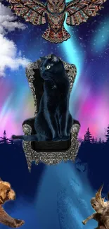 Black cat on ornate throne over aurora with animals.