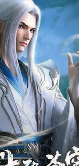 Anime character with white hair casting a spell in a fantasy setting.