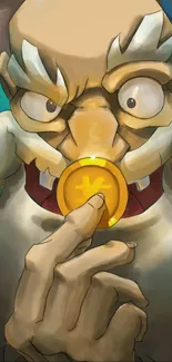 Animated elder with a glowing coin in hand, featuring a mystical art style.