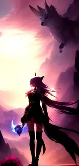 Anime artwork with a purple sky and heroic figure.