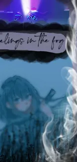 Anime character shrouded in mystical smoke with artistic text overlay.