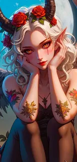Anime angel with horns and tattoos sits under the moonlight.