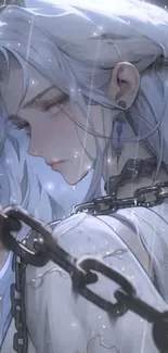 Anime character with white hair in rain, artistically chained.