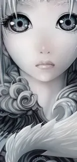 Ethereal character in anime fantasy art, with intricate gray designs and large eyes.