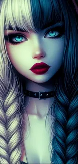 Anime character with braided hair and blue eyes in fantasy art style.