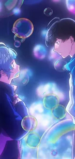 Anime characters with colorful bubbles, mystical scene.