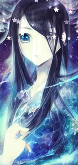 Mystical anime character with starry galaxy backdrop.