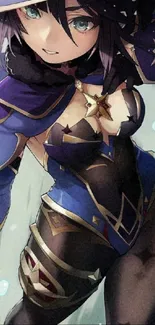 Mystical anime character with blue accents and magical attire.