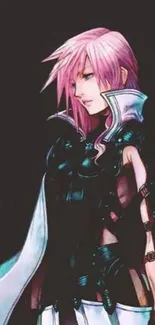 Anime character with pink hair and intricate armor on a black background.