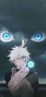 Anime character with bright blue eyes and mystical aura on dark blue background.