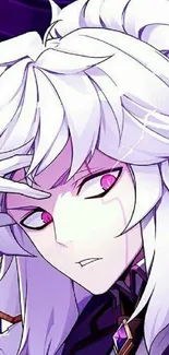 Anime character with white hair and vibrant purple eyes in a mystical design.