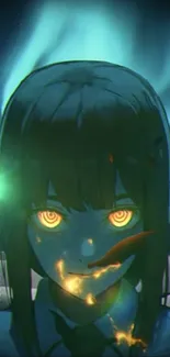 Anime character with glowing eyes in a mystical scene.