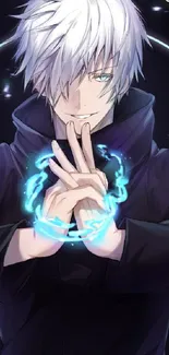 Anime character with white hair and blue aura in a dark themed wallpaper.