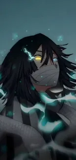 Mystical anime character with dark hair and glowing eyes.