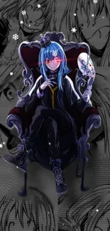 Anime character in dark themed art with blue hair and mask on elegant chair.