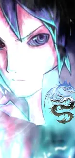 Anime character with dragon motif on a blue ethereal background.