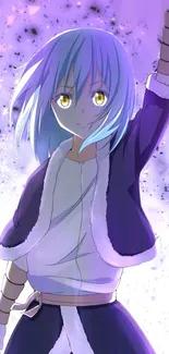 Anime character with blue hair on a vibrant purple background.