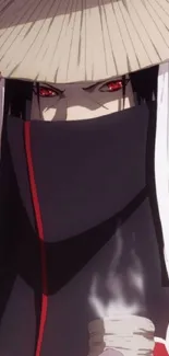 Anime character with red eyes and hat in dark cloak.