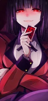 Anime character with red eyes and dark attire holding a card.