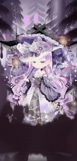 Anime character with purple hues in a mystical forest setting.